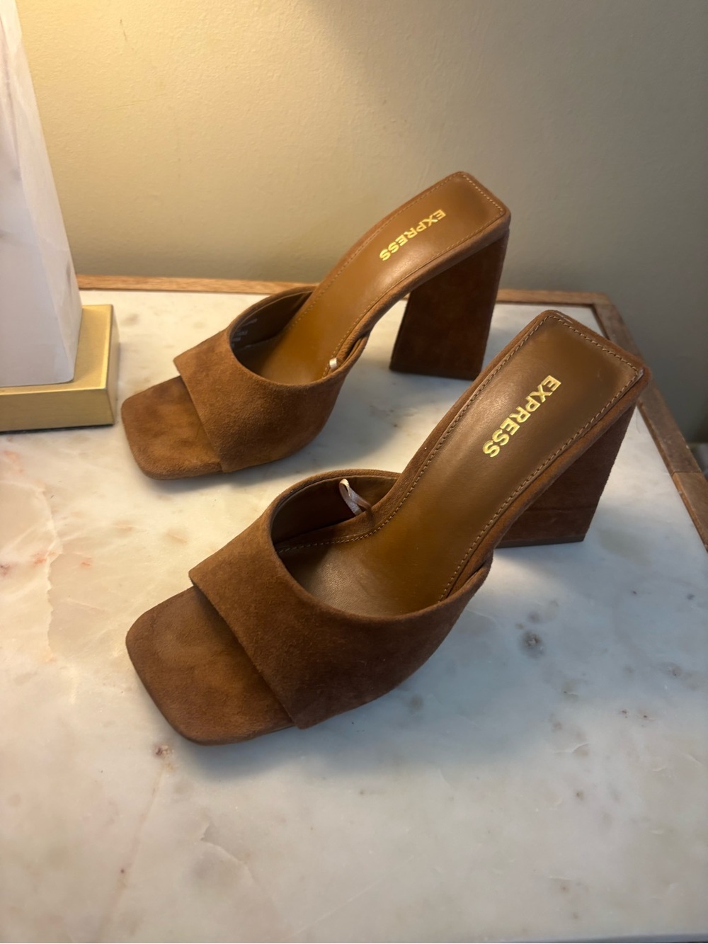 Express Brown Suede Block Heel Mules